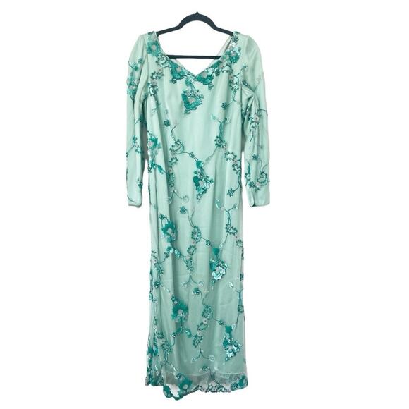 Lourdes Chavez Mint Green Floral Embroidered Sequin Long Sleeve Maxi Gown - Picture 3 of 9